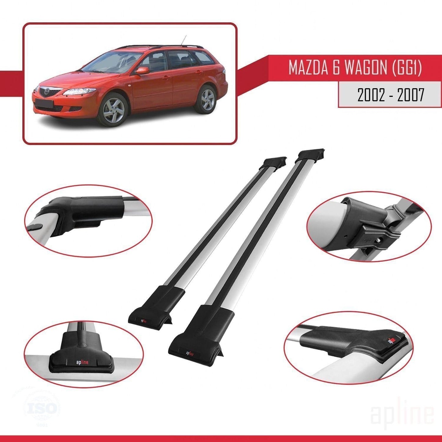 Compatible with Mazda 6 I (GG1) 2002-2007 Fly Model Car Roof Rack Cross Bar Grey Aluminium 2 Bars