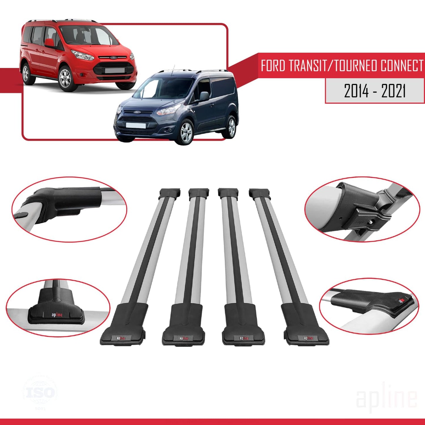 Compatible with Ford Transit/Tourneo Connect 2 2014-2021 Fly Model Car Roof Rack Cross Bar Grey Aluminium 4 Bars