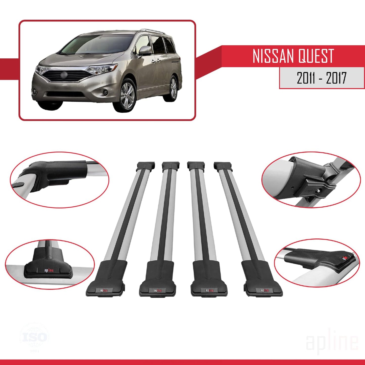 Compatible with Nissan Quest 2011-2017 Fly Model Car Roof Rack Cross Bar Grey Aluminium 4 Bars