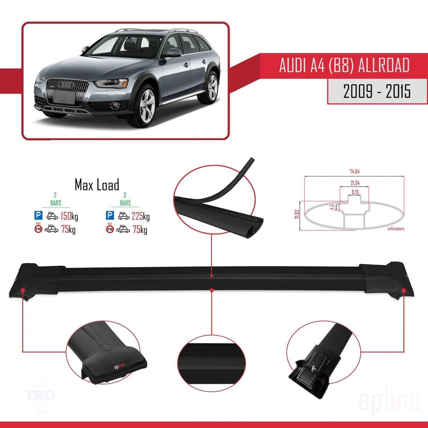 Compatible with Audi A4 (B8) Allroad 2009-2015 Fly Model Car Roof Rack Cross Bar Black Aluminium 2 Bars