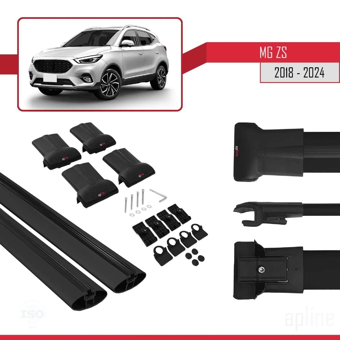 Compatible with MG ZS 2018-2024 Fly Model Car Roof Rack Cross Bar Black Aluminium 2 Bars