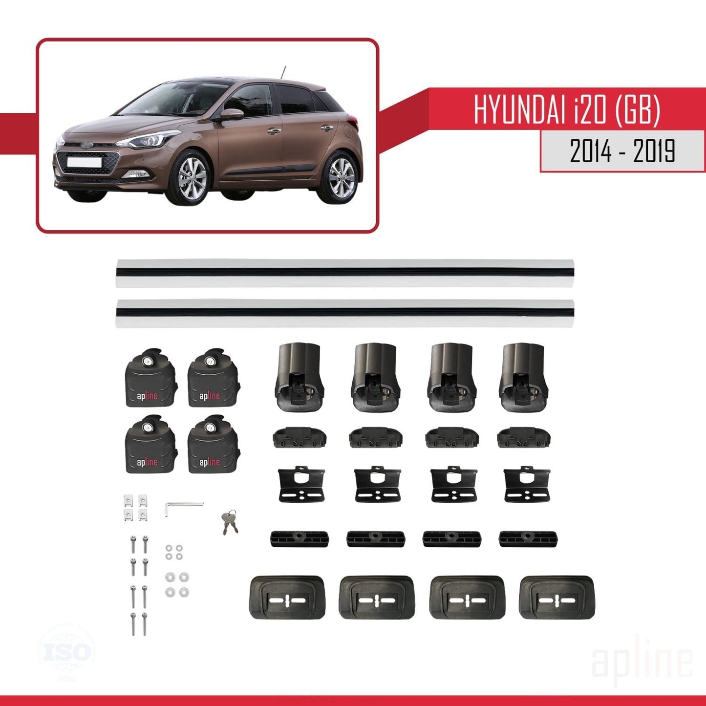 Compatible with Hyundai i20 (GB) 2014-2019 ACE-3 Car Roof Rack Cross Bar Grey Aluminium 2 Bars