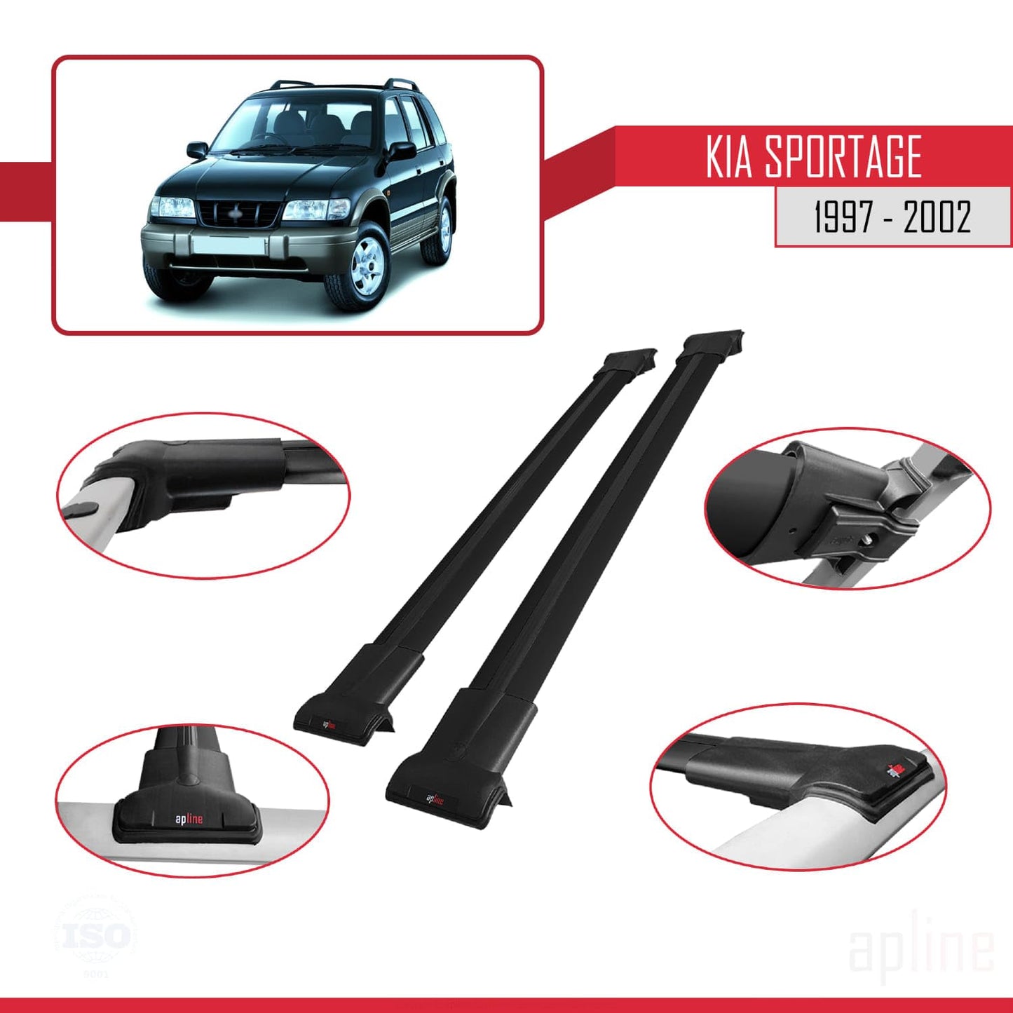 Compatible with Kia Sportage 1997-2002 Fly Model Car Roof Rack Cross Bar Black Aluminium 2 Bars