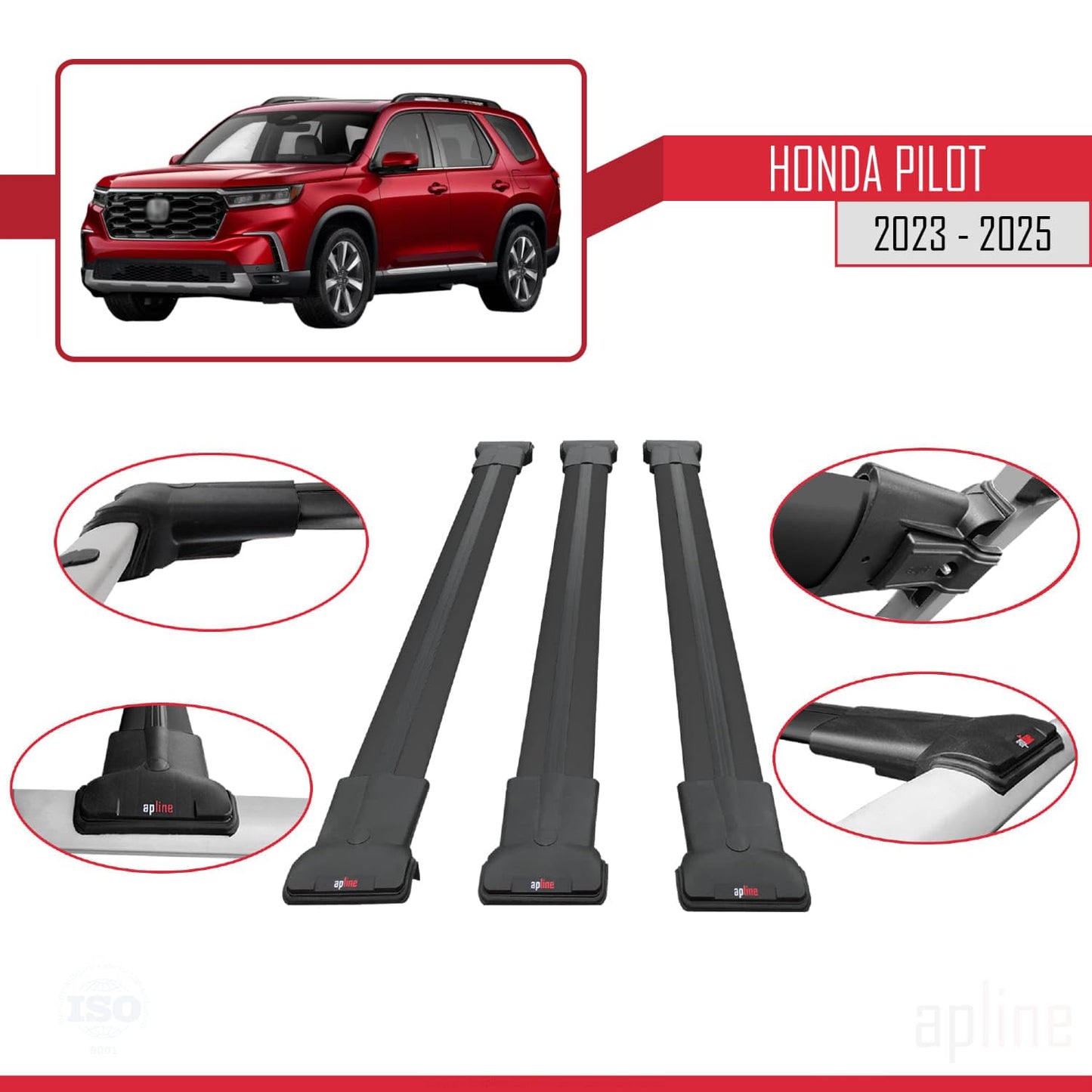 Compatible with Honda Pilot 2023-2025 Fly Model Car Roof Rack Cross Bar Black Aluminium 3 Bars