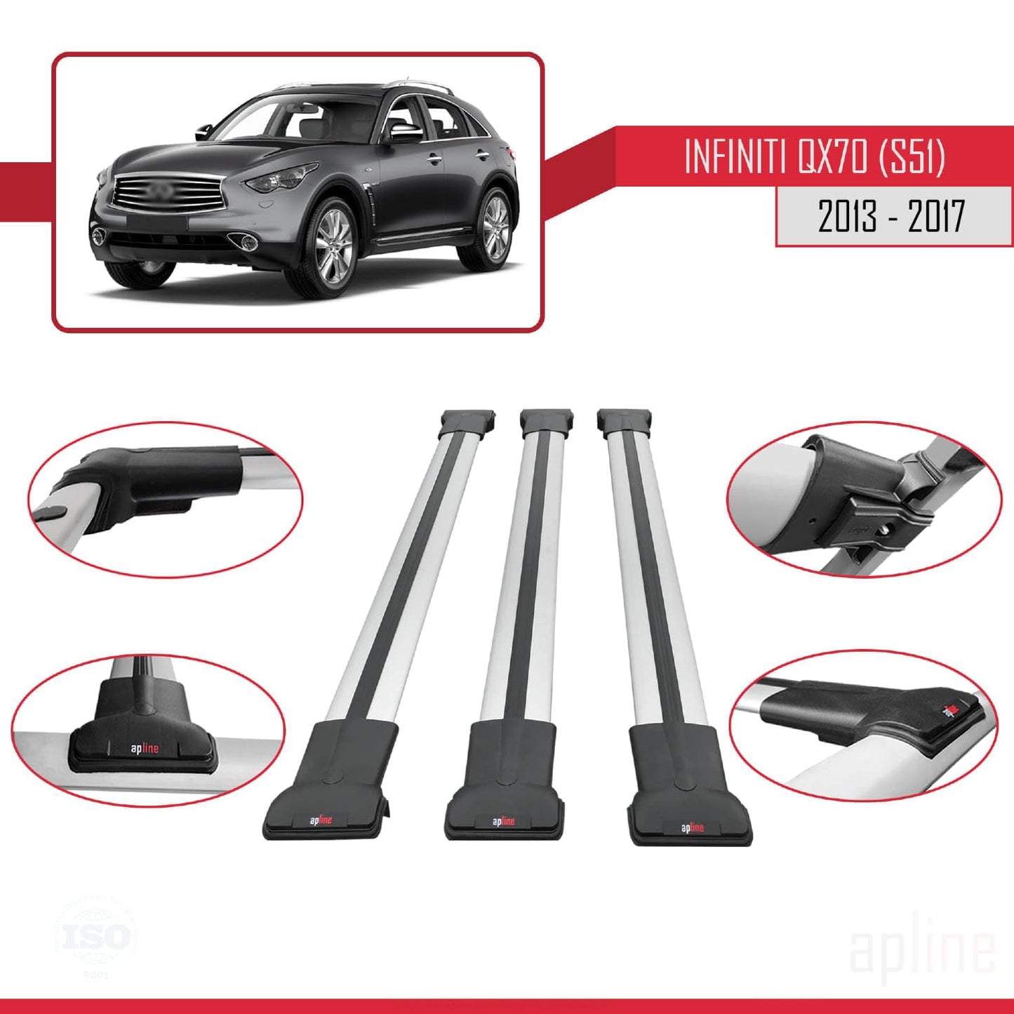 Compatible with Infiniti QX70 (S51) 2013-2017 Fly Model Car Roof Rack Cross Bar Grey Aluminium 3 Bars