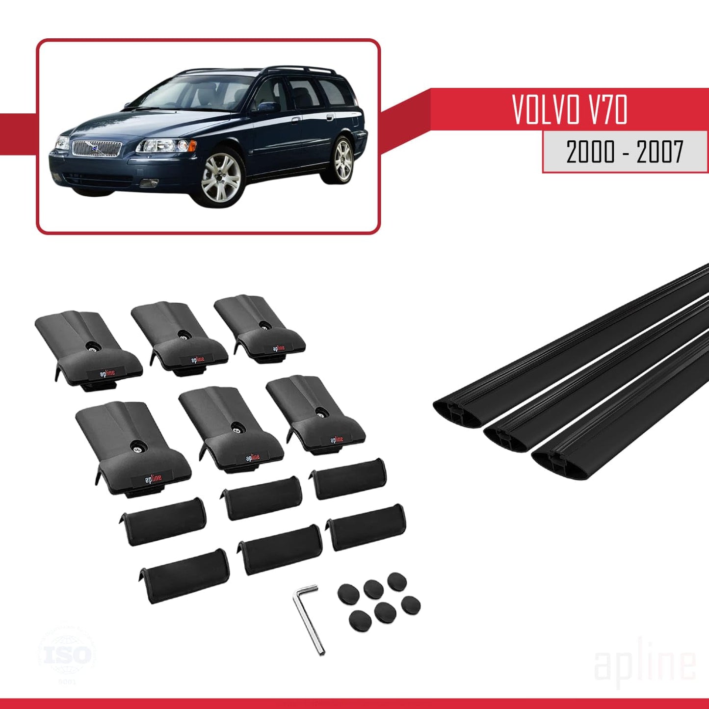 Compatible with Volvo V70 2000-2007 Fly Model Car Roof Rack Cross Bar Black Aluminium 3 Bars