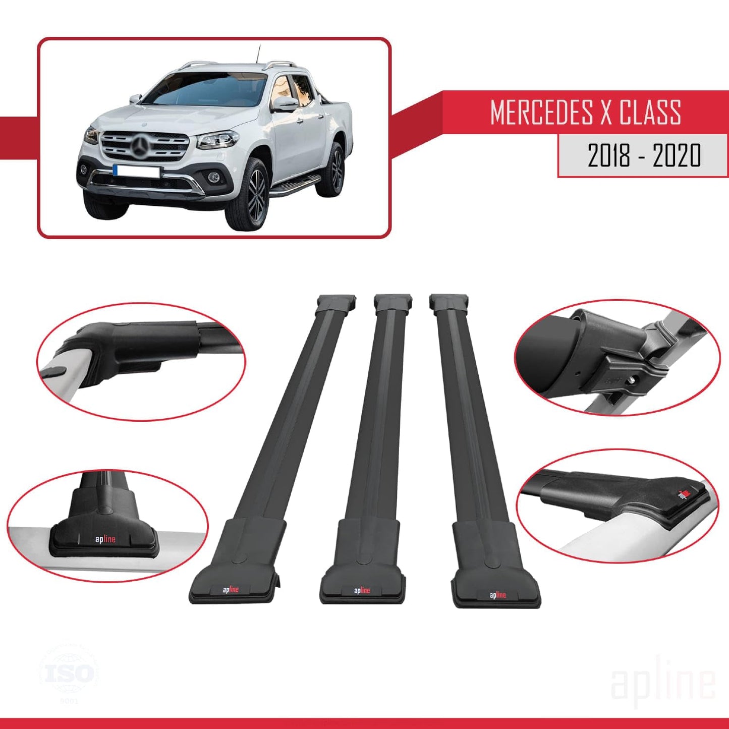 Compatible with Mercedes X Class (470) 2018-2020 Fly Model Car Roof Rack Cross Bar Black Aluminium 3 Bars