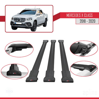 Compatible with Mercedes X Class (470) 2018-2020 Fly Model Car Roof Rack Cross Bar Black Aluminium 3 Bars