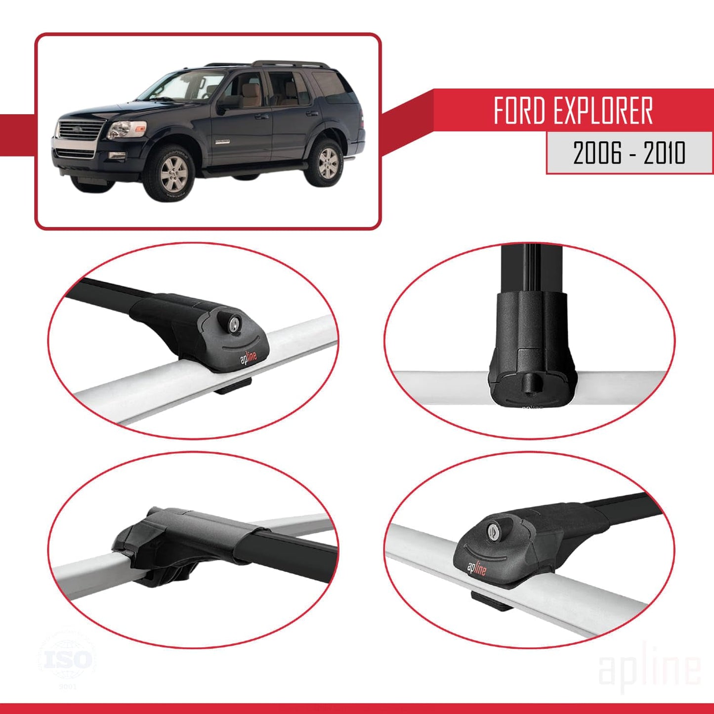 Compatible with Ford Explorer 2006-2010 ACE-1 Car Roof Rack Cross Bar Black Aluminium 3 Bars