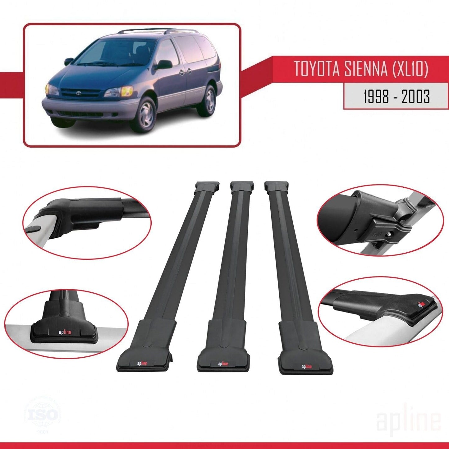 Compatible with Toyota Sienna (XL10) 1998-2003 Fly Model Car Roof Rack Cross Bar Black Aluminium 3 Bars