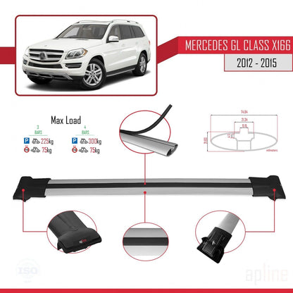 Compatible with Mercedes GL Class 2 (X166) Pre-Facelift 2013-2015 Fly Model Car Roof Rack Cross Bar Grey Aluminium 3 Bars