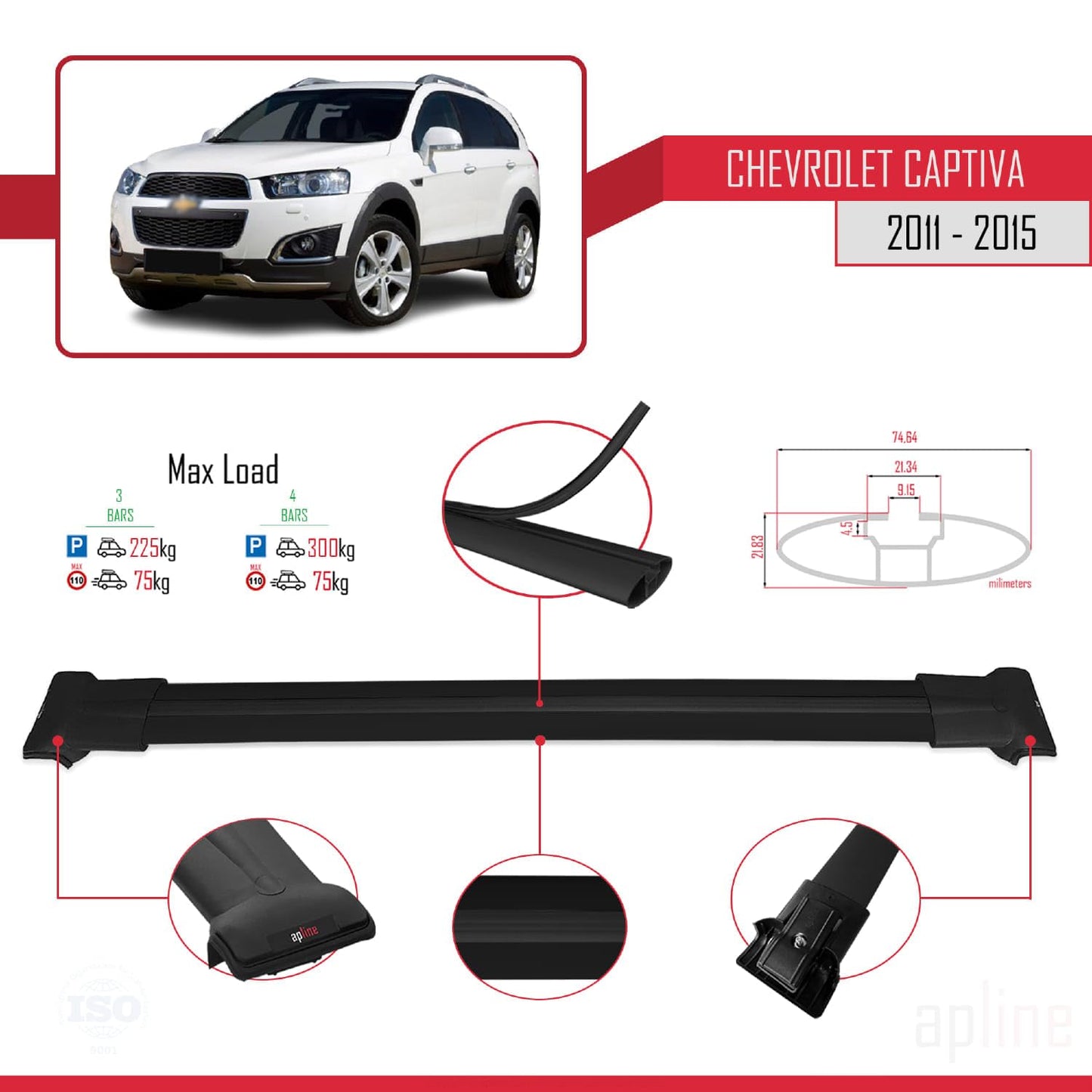 Compatible with Chevrolet Captiva 2011-2015 Fly Model Car Roof Rack Cross Bar Black Aluminium 3 Bars