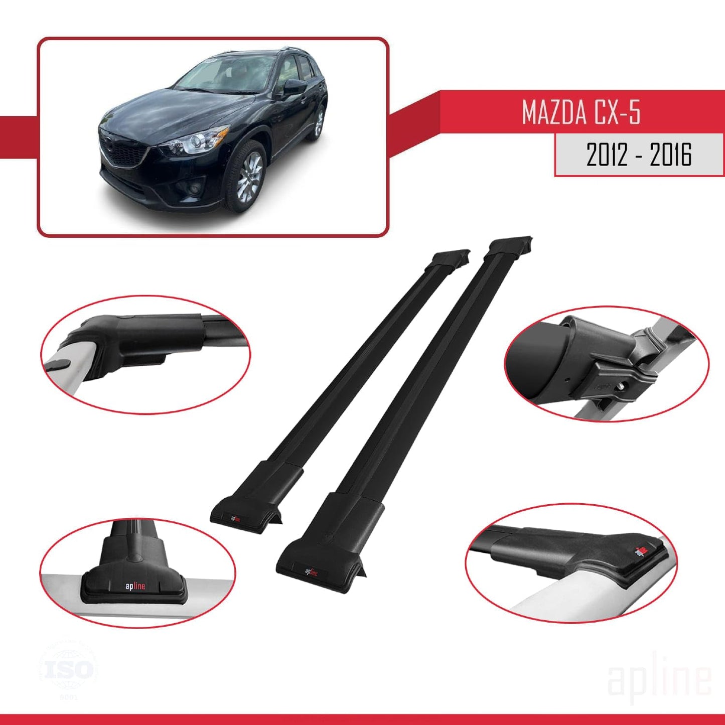 Compatible with Mazda CX-5 I (KE) 2012-2016 Fly Model Car Roof Rack Cross Bar Black Aluminium 2 Bars