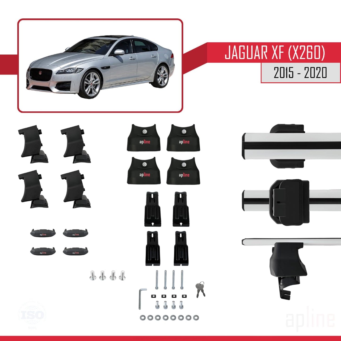 Compatible with Jaguar XF (X260) Pre-Facelift 2015-2020 ACE-4 Car Roof Rack Cross Bar Grey Aluminium 2 Bars