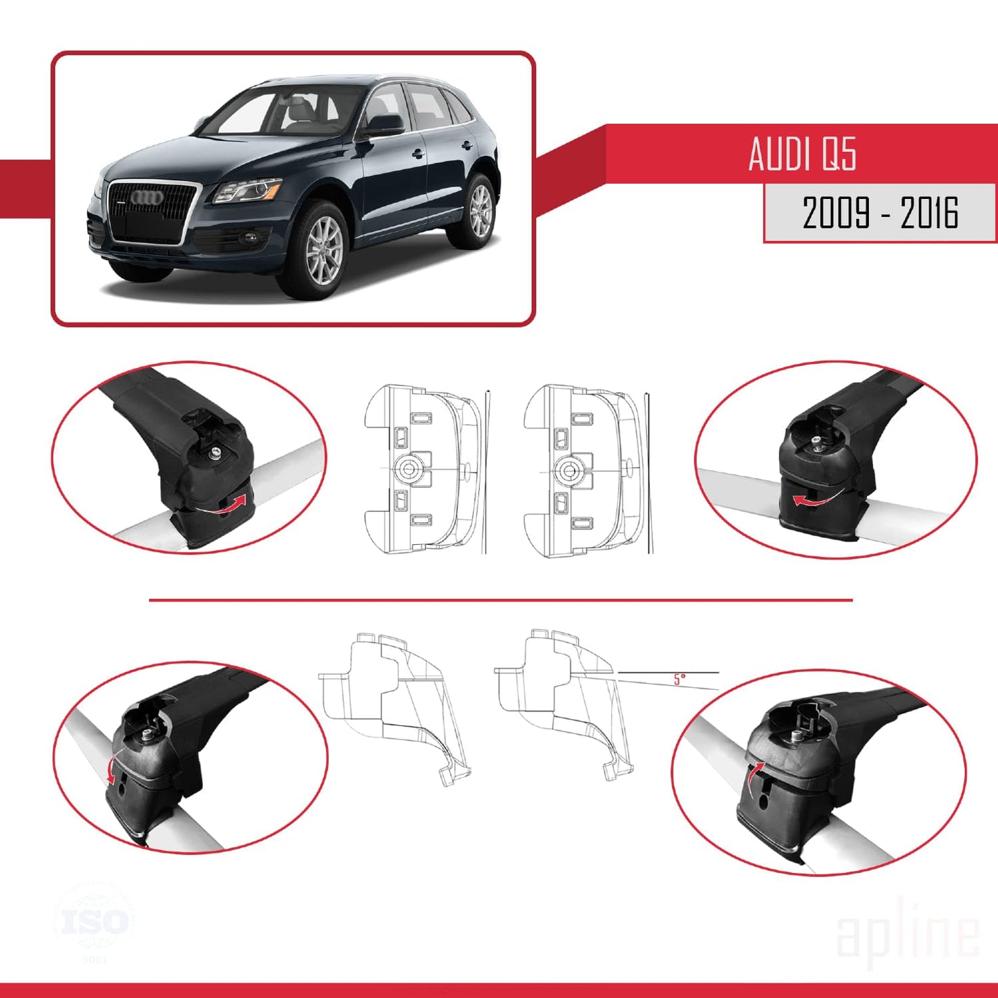Compatible with Audi Q5 (8R) 2009-2016 ACE-2 Car Roof Rack Cross Bar Black Aluminium 2 Bars