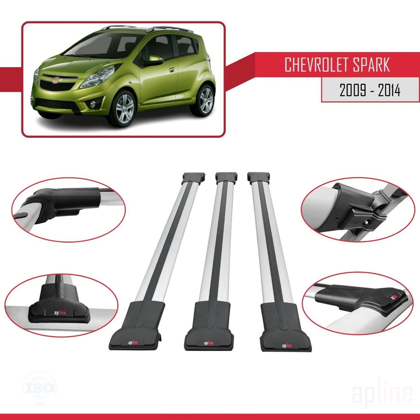 Compatible with Chevrolet Spark (M300) 2009-2014 Fly Model Car Roof Rack Cross Bar Grey Aluminium 3 Bars