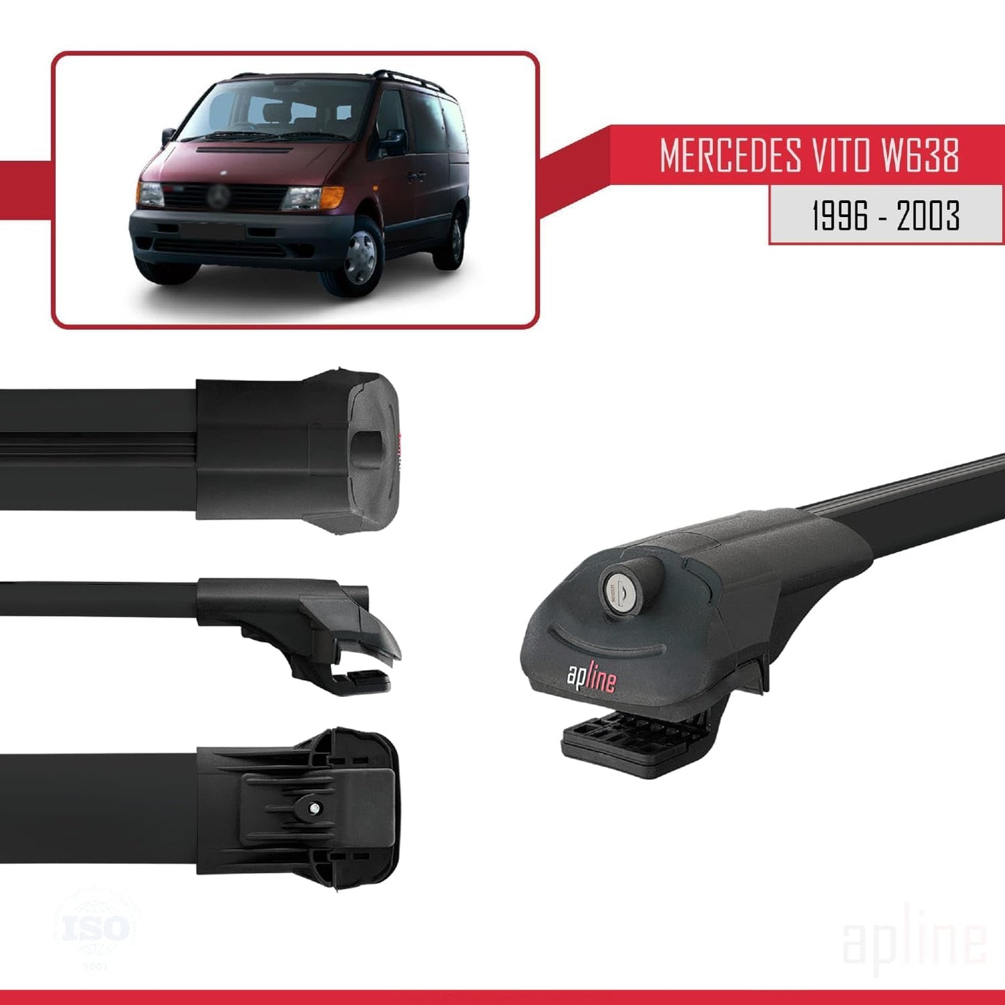 Compatible with Mercedes Vito (W638) 1996-2003 ACE-1 Car Roof Rack Cross Bar Black Aluminium 3 Bars