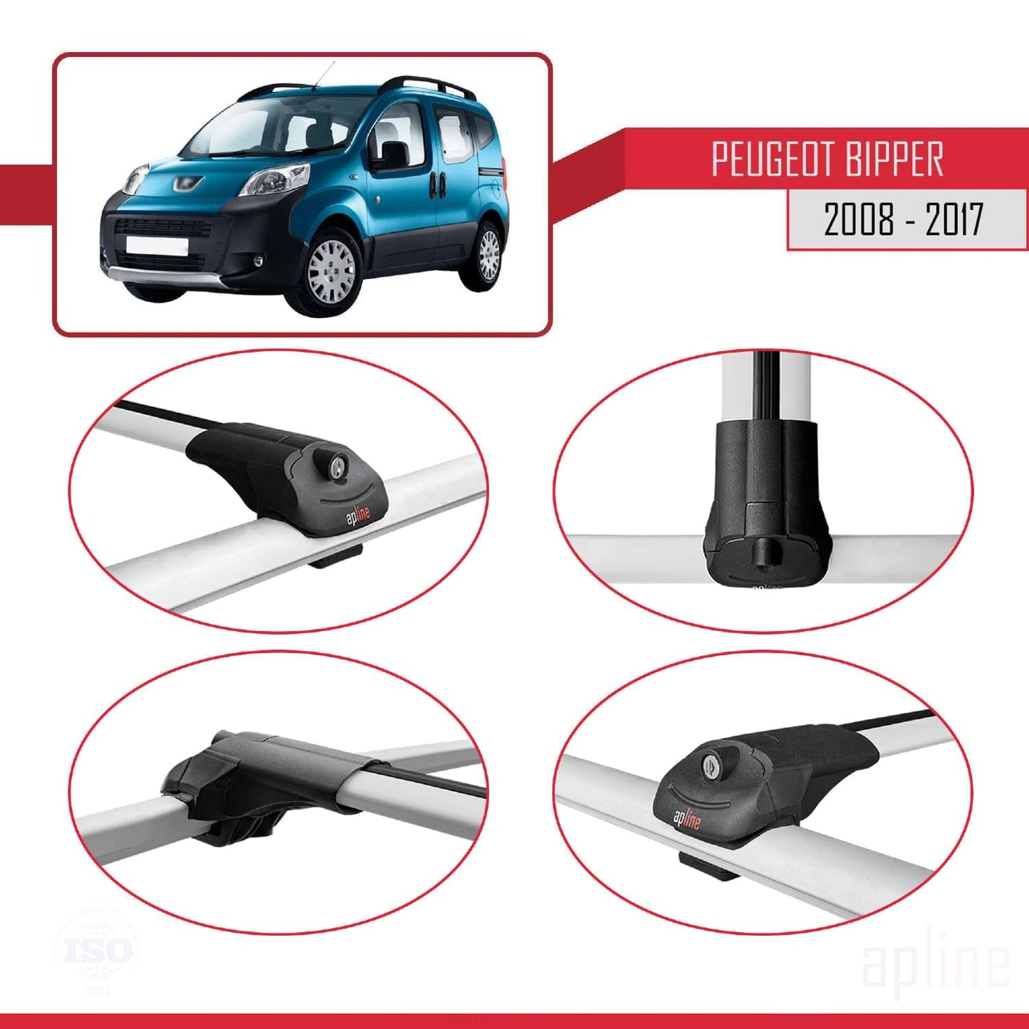 Compatible with Peugeot Bipper 2008-2017 ACE-1 Car Roof Rack Cross Bar Grey Aluminium 2 Bars