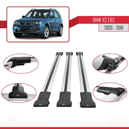 Compatible with BMW X3 (E83) 2003-2010 Fly Model Car Roof Rack Cross Bar Grey Aluminium 3 Bars