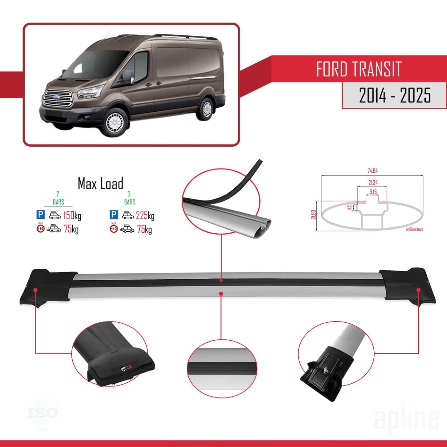Compatible with Ford Transit 2014-2025 Fly Model Car Roof Rack Cross Bar Grey Aluminium 2 Bars