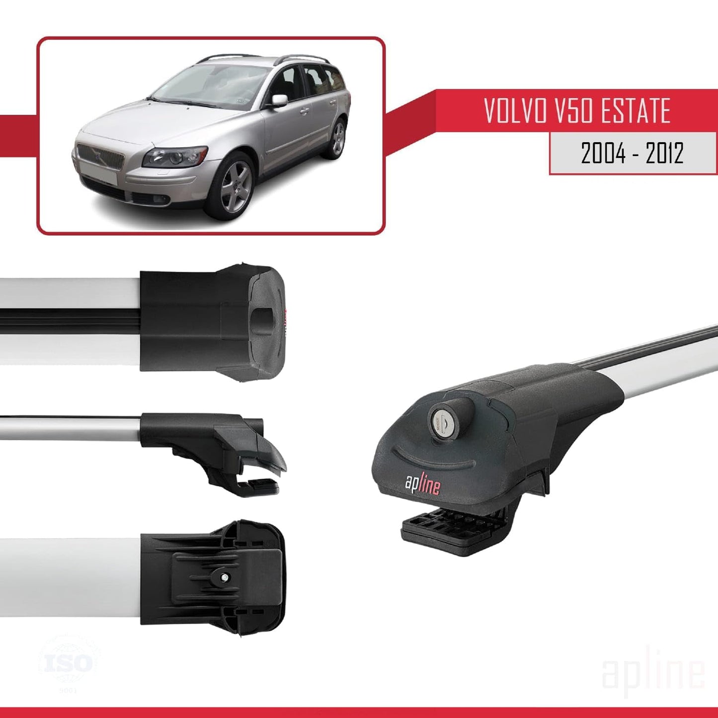 Compatible with Volvo V50 2004-2012 ACE-1 Car Roof Rack Cross Bar Grey Aluminium 3 Bars