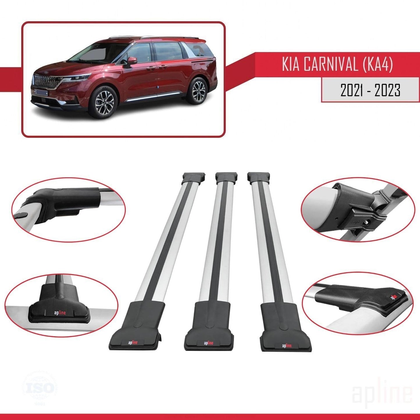 Compatible with Kia Carnival 4 (KA4) 2021-2023 Fly Model Car Roof Rack Cross Bar Grey Aluminium 3 Bars