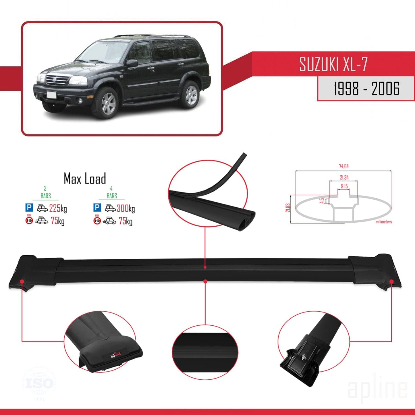 Compatible with Suzuki XL-7 1998-2006 Fly Model Car Roof Rack Cross Bar Black Aluminium 3 Bars