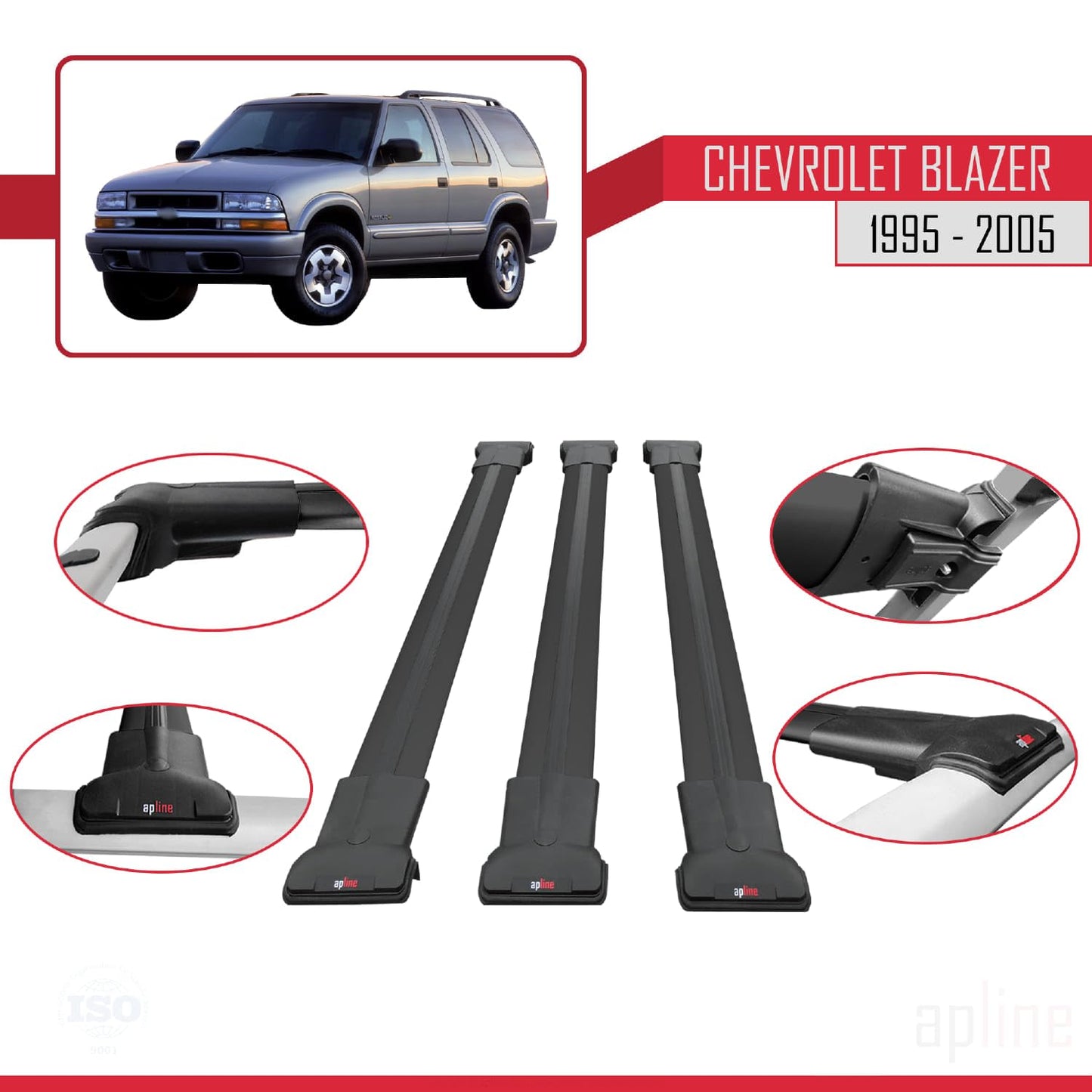 Compatible with Chevrolet Blazer 1995-2005 Fly Model Car Roof Rack Cross Bar Black Aluminium 3 Bars