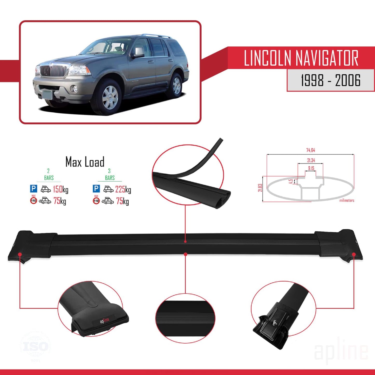 Compatible with Lincoln Navigator 1998-2006 Fly Model Car Roof Rack Cross Bar Black Aluminium 2 Bars