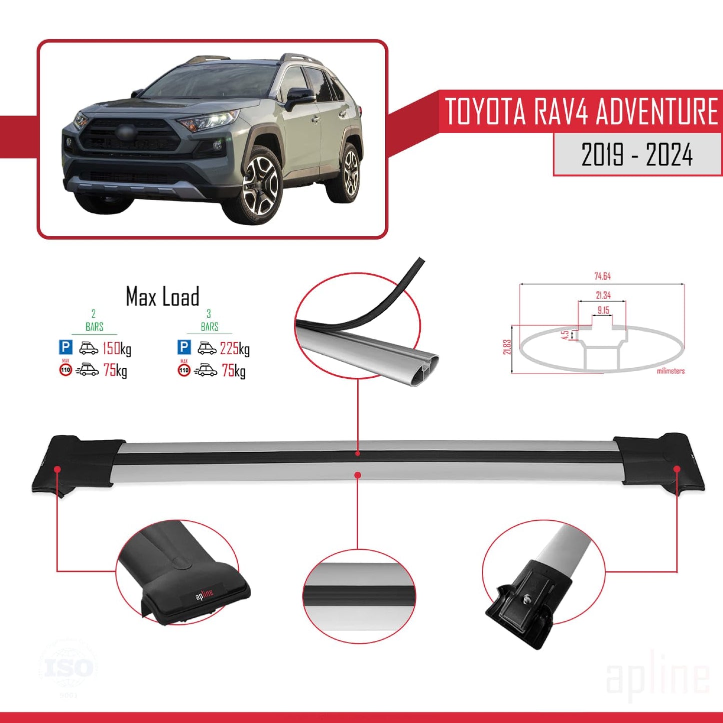 Compatible with Toyota RAV4 Adventure 2019-2024 Fly Model Car Roof Rack Cross Bar Grey Aluminium 2 Bars