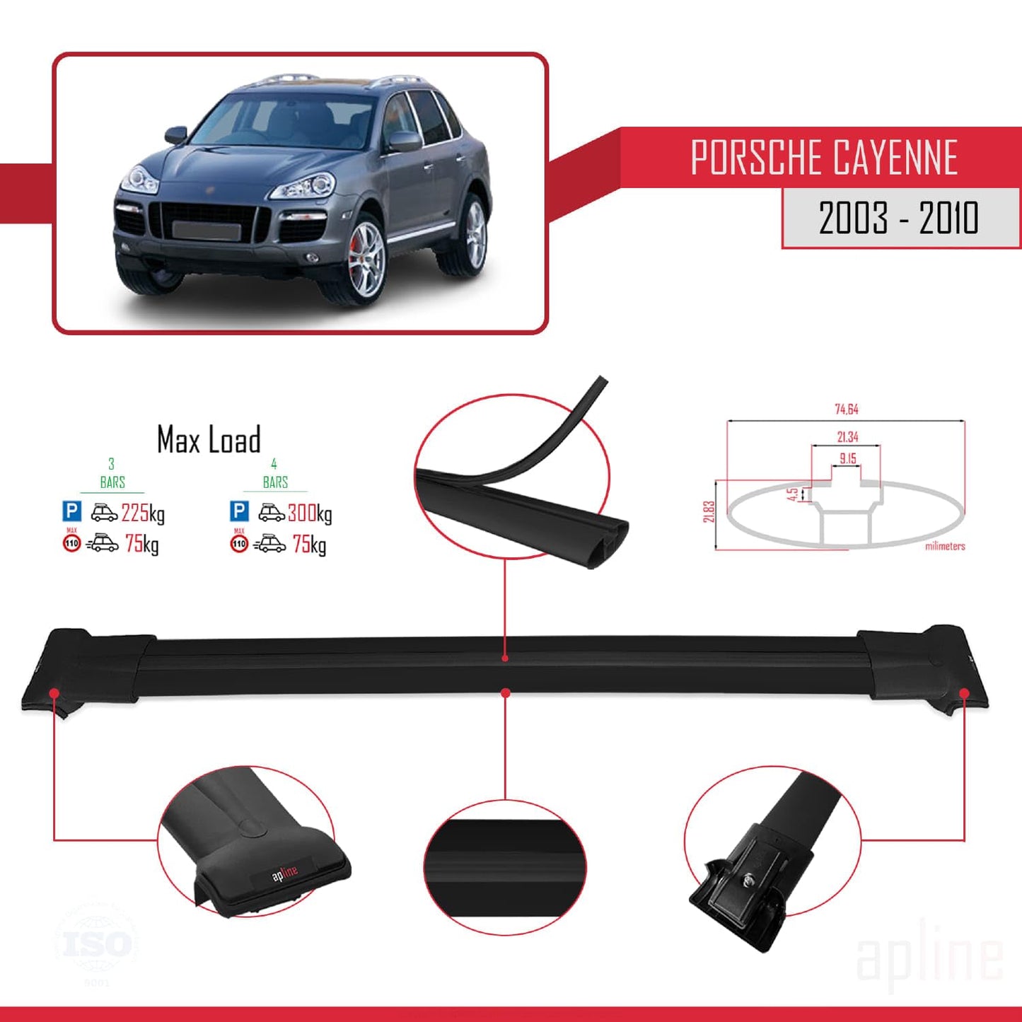 Compatible with Porsche Cayenne (9PA) 2003-2010 Fly Model Car Roof Rack Cross Bar Black Aluminium 3 Bars