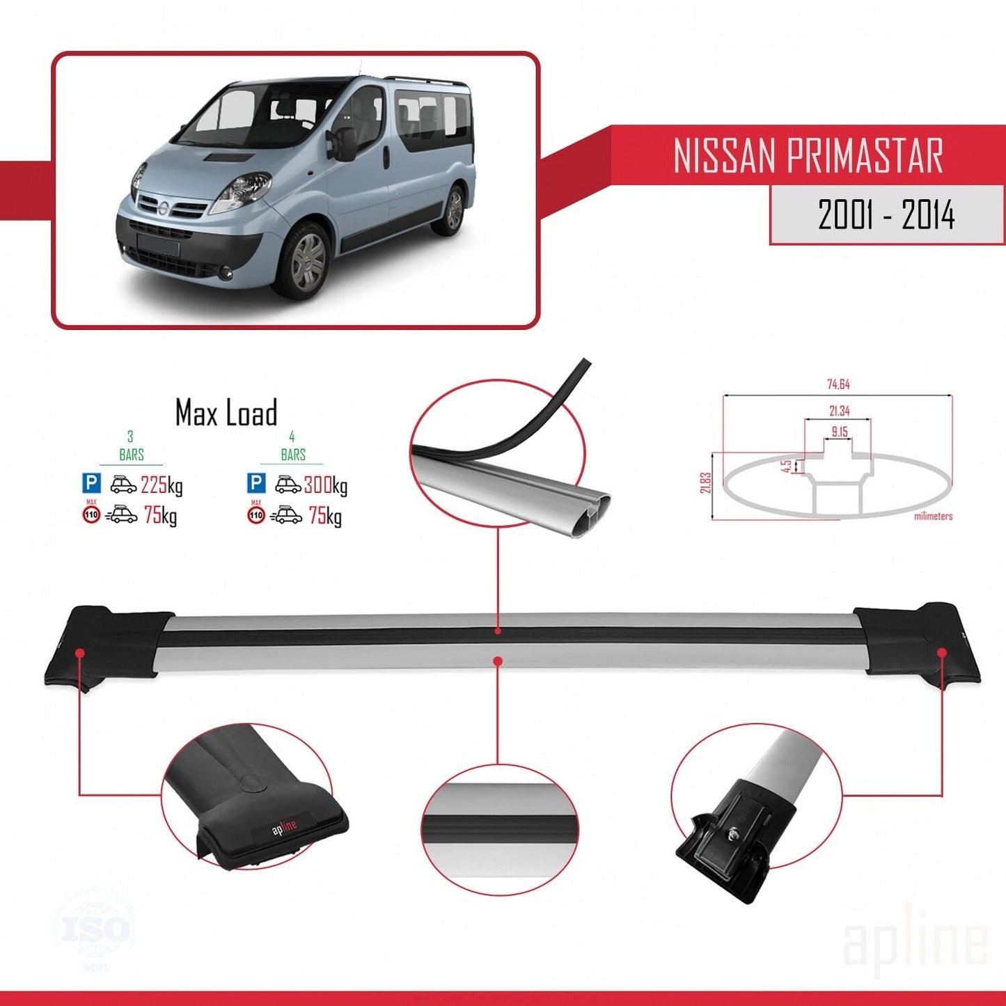 Compatible with Nissan Primastar 2001-2014 Fly Model Car Roof Rack Cross Bar Grey Aluminium 3 Bars