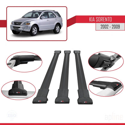 Compatible with Kia Sorento (BL) 2002-2009 Fly Model Car Roof Rack Cross Bar Black Aluminium 3 Bars