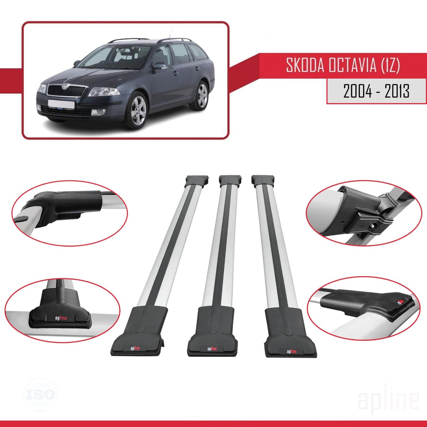 Compatible with Skoda Octavia 2 (1Z) 2004-2013 Fly Model Car Roof Rack Cross Bar Grey Aluminium 3 Bars