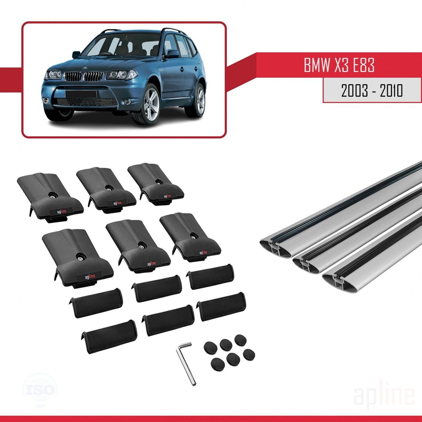 Compatible with BMW X3 (E83) 2003-2010 Fly Model Car Roof Rack Cross Bar Grey Aluminium 3 Bars