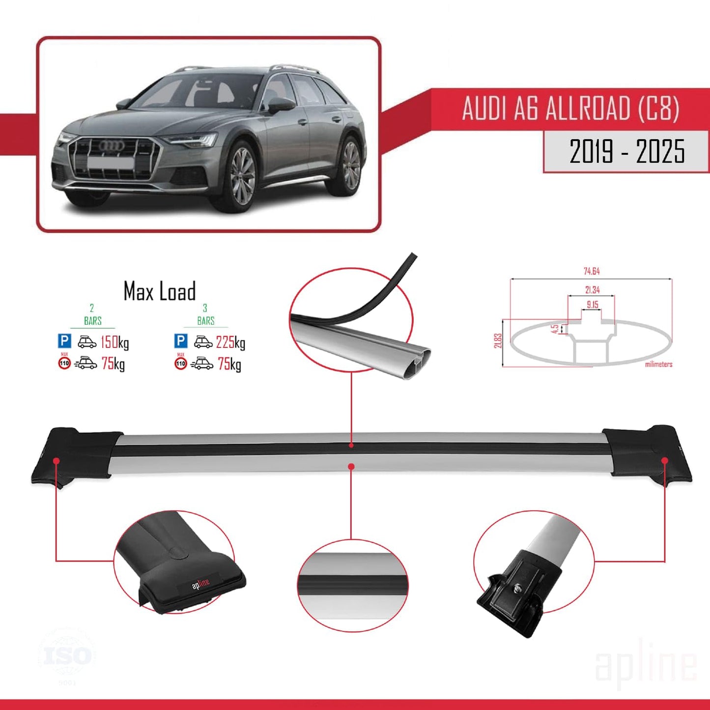 Compatible with Audi A6 (C8) Allroad 2019-2025 Fly Model Car Roof Rack Cross Bar Grey Aluminium 2 Bars