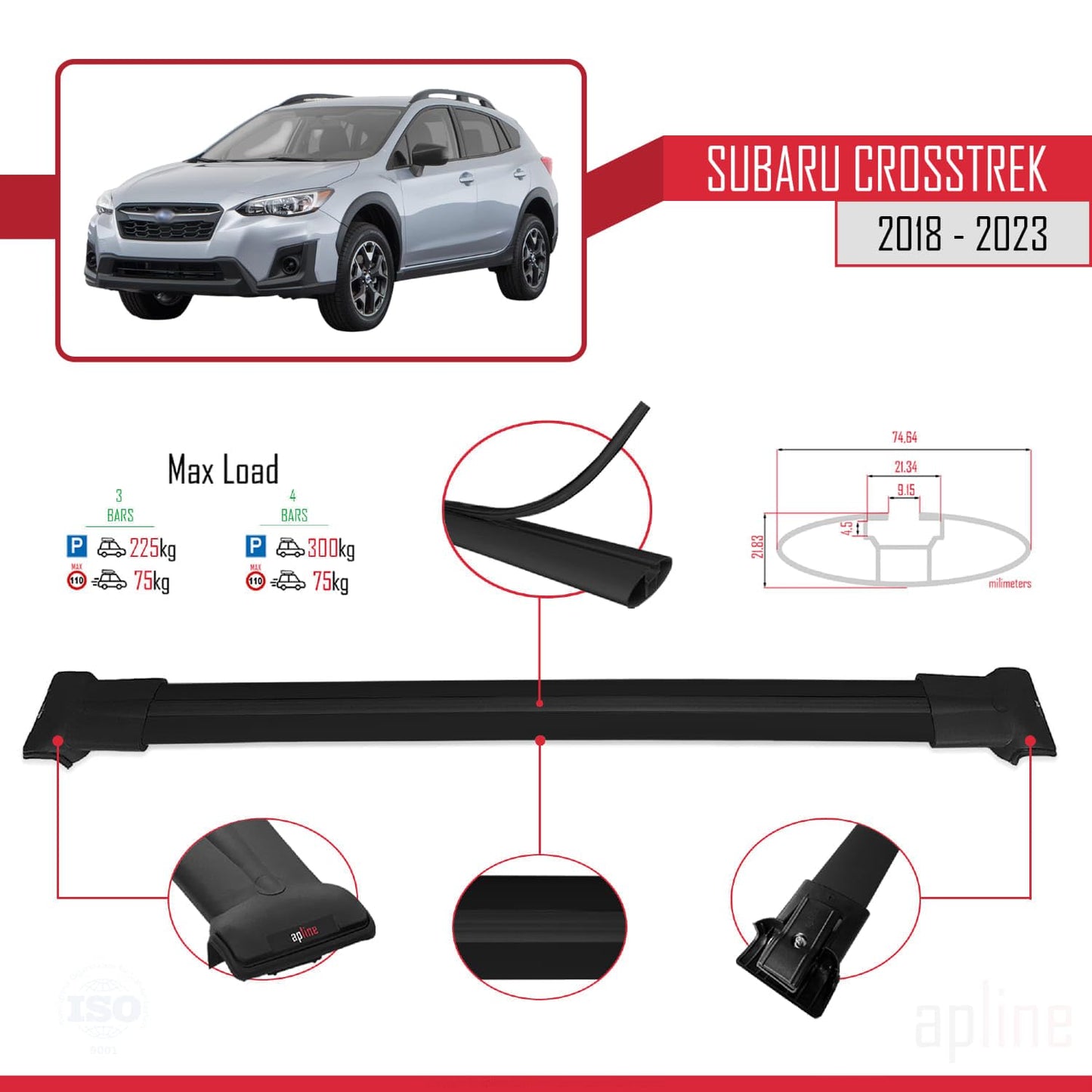Compatible with Subaru Crosstrek 2018-2023 Fly Model Car Roof Rack Cross Bar Black Aluminium 3 Bars