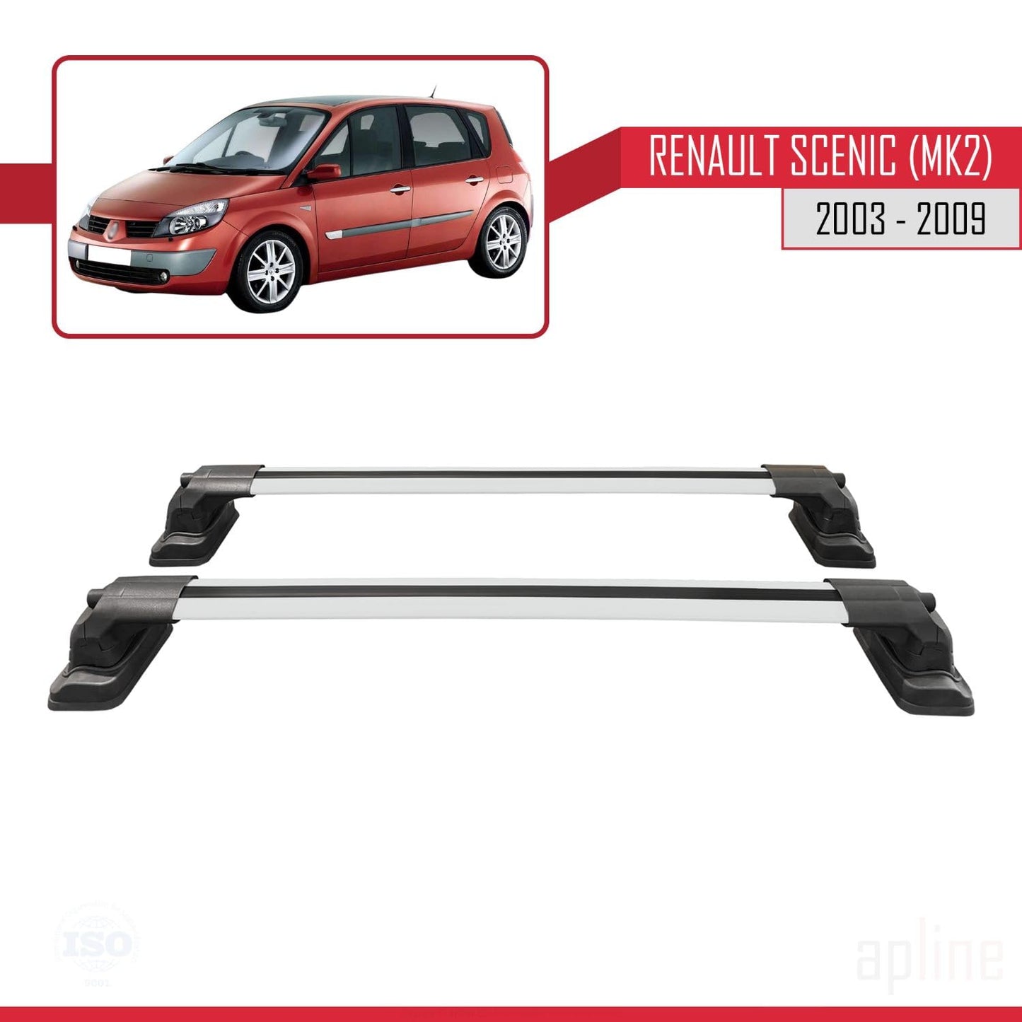 Compatible with Renault Scenic (MK2) 2003-2009 ACE-3 Car Roof Rack Cross Bar Grey Aluminium 2 Bars