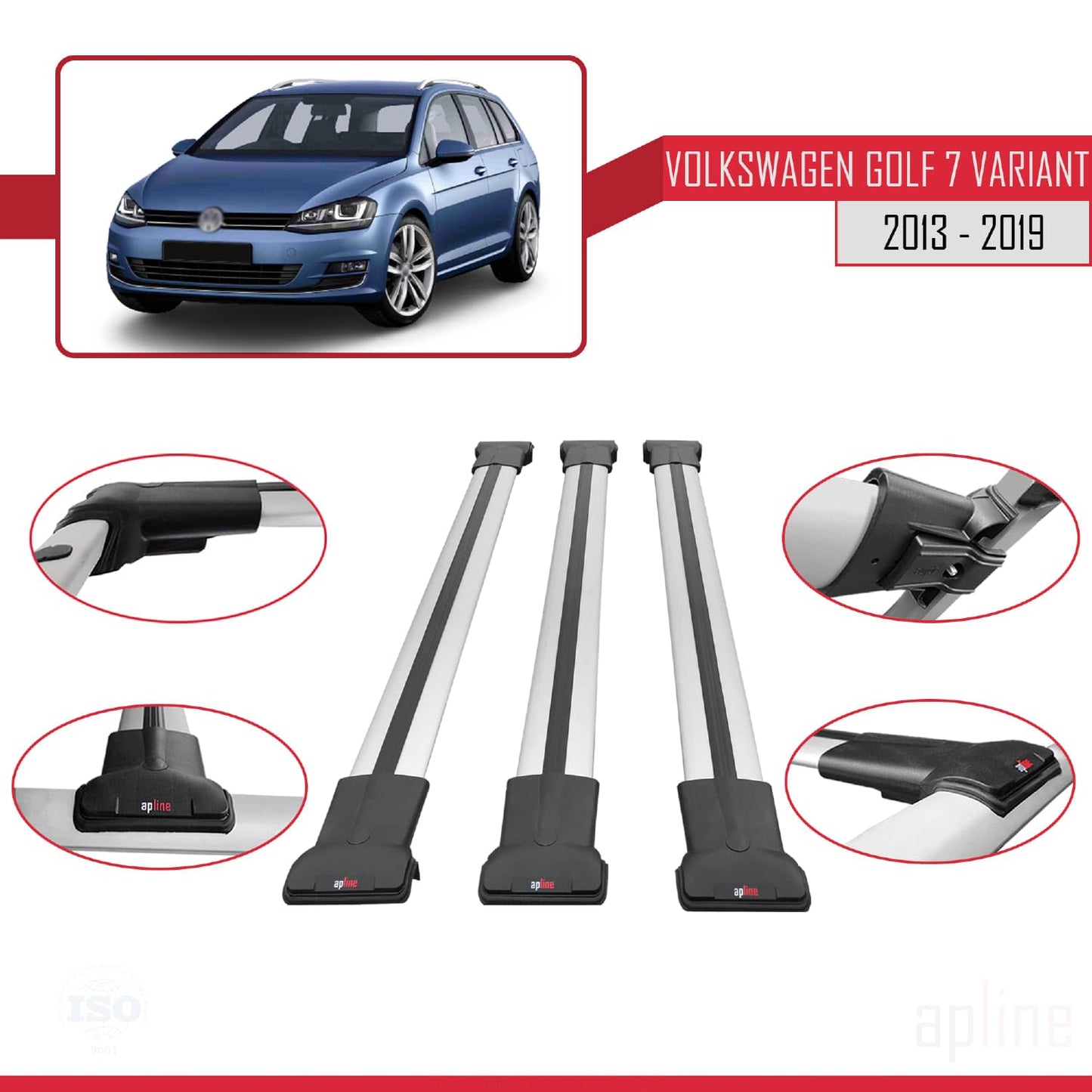 Compatible with Volkswagen Golf 7 (5G) Variant 2013-2019 Fly Model Car Roof Rack Cross Bar Grey Aluminium 3 Bars