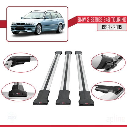 Compatible with BMW 3 Series (E46) Touring 1999-2005 Fly Model Car Roof Rack Cross Bar Grey Aluminium 3 Bars