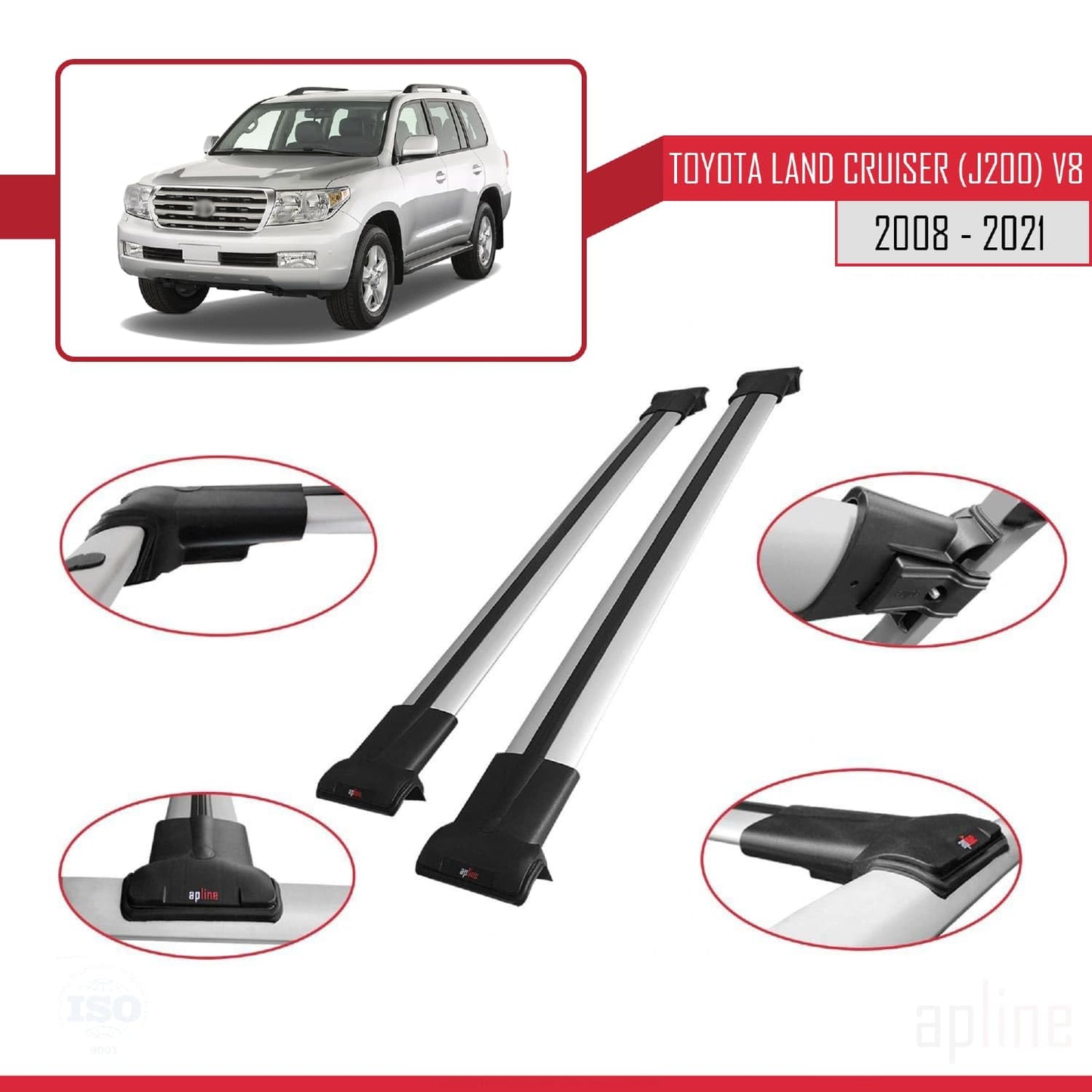 Compatible with Toyota Land Cruiser V8 (J200) 2008-2021 Fly Model Car Roof Rack Cross Bar Grey Aluminium 2 Bars