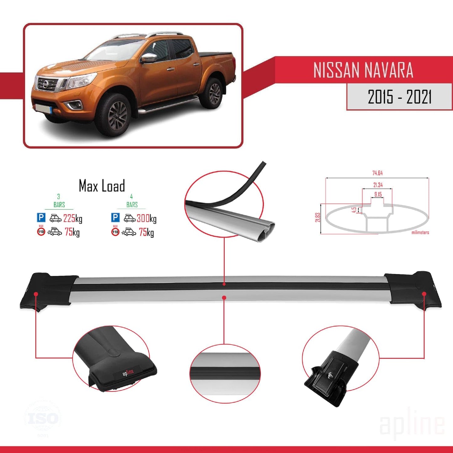 Compatible with Nissan Navara 4 (D23) 2015-2021 Fly Model Car Roof Rack Cross Bar Grey Aluminium 3 Bars