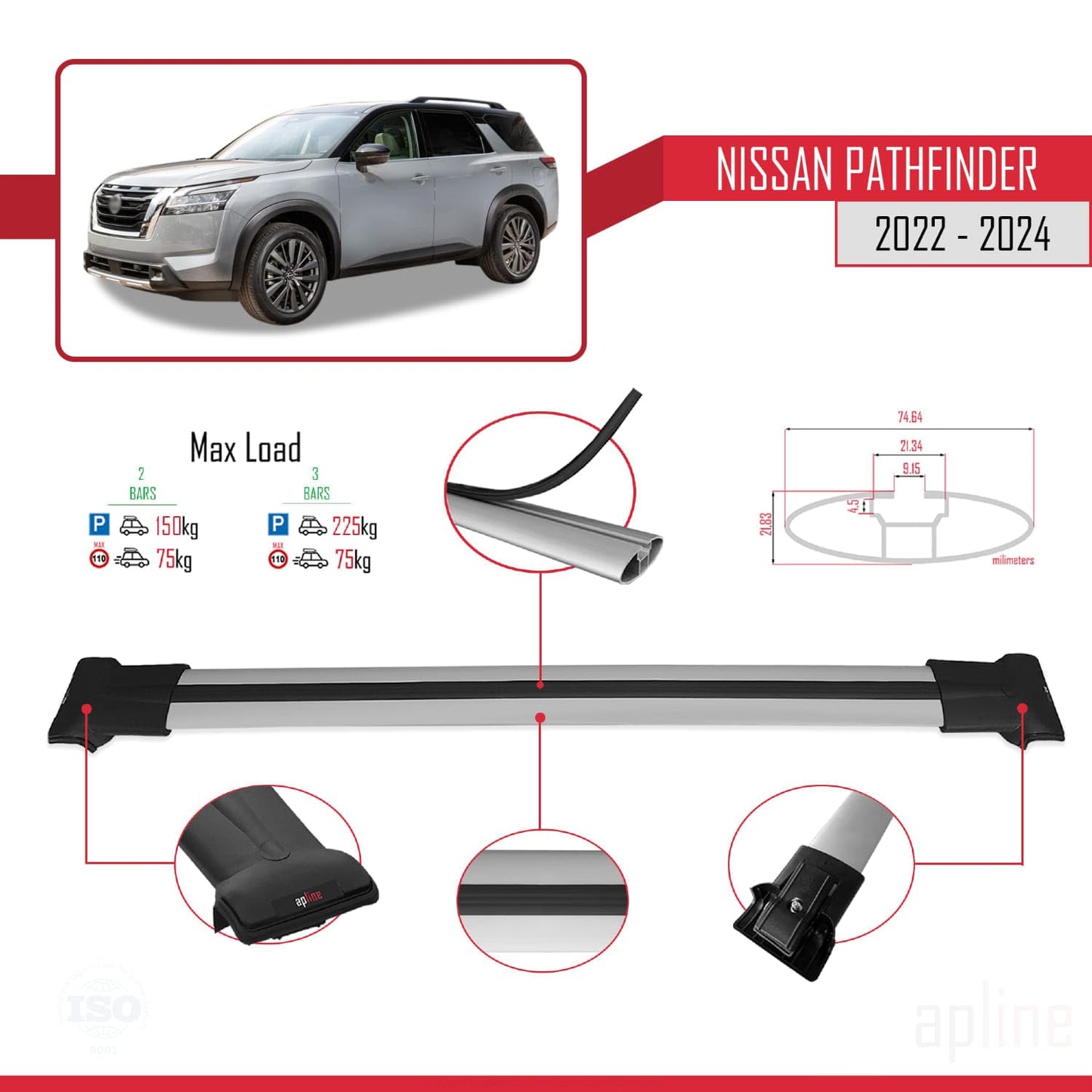 Compatible with Nissan Pathfinder 2022-2024 Fly Model Car Roof Rack Cross Bar Grey Aluminium 2 Bars