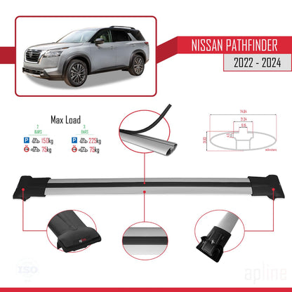 Compatible with Nissan Pathfinder 2022-2024 Fly Model Car Roof Rack Cross Bar Grey Aluminium 2 Bars