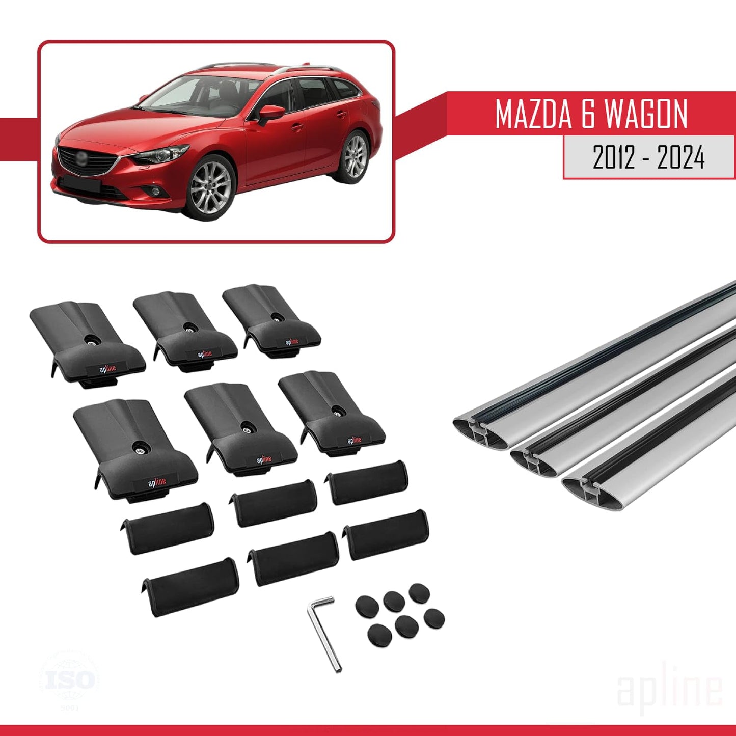 Compatible with Mazda 6 Wagon 2012-2024 Fly Model Car Roof Rack Cross Bar Grey Aluminium 3 Bars