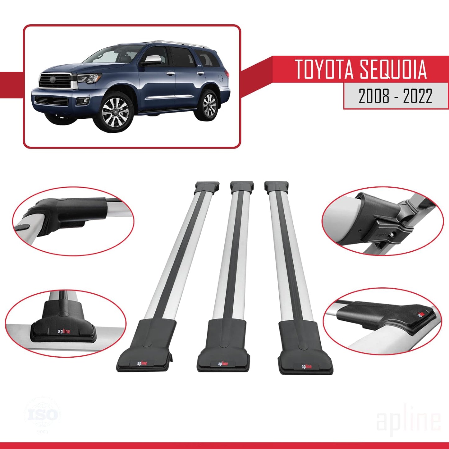 Compatible with Toyota Sequoia 2008-2022 Fly Model Car Roof Rack Cross Bar Grey Aluminium 3 Bars