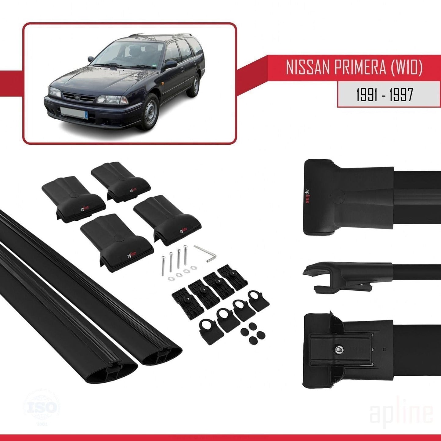 Compatible with Nissan Primera (W10) Traveller 1991-1997 Fly Model Car Roof Rack Cross Bar Black Aluminium 2 Bars