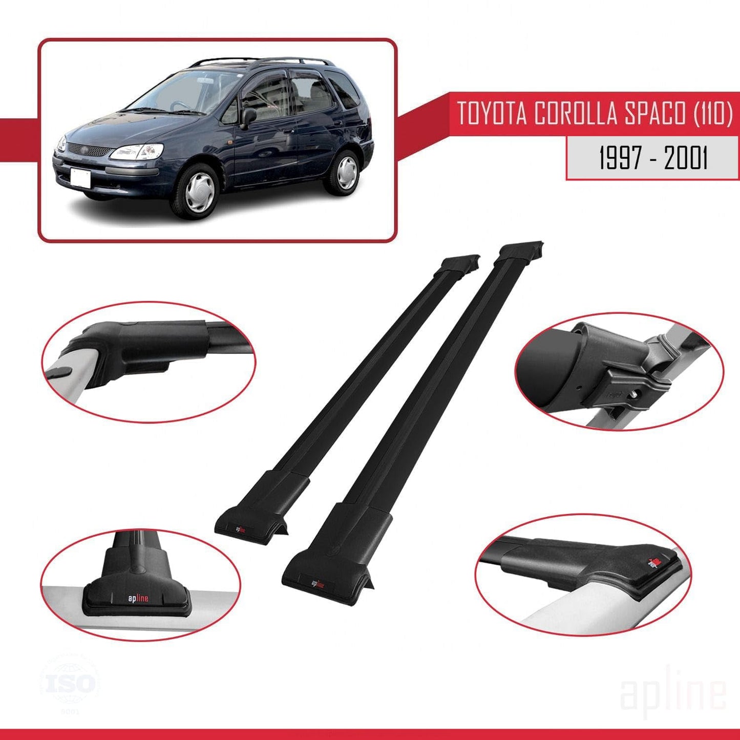 Compatible with Toyota Corolla Spacio (E110) 1997-2001 Fly Model Car Roof Rack Cross Bar Black Aluminium 2 Bars
