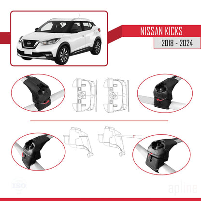Compatible with Nissan Kicks 2018-2024 ACE-2 Car Roof Rack Cross Bar Grey Aluminium 2 Bars