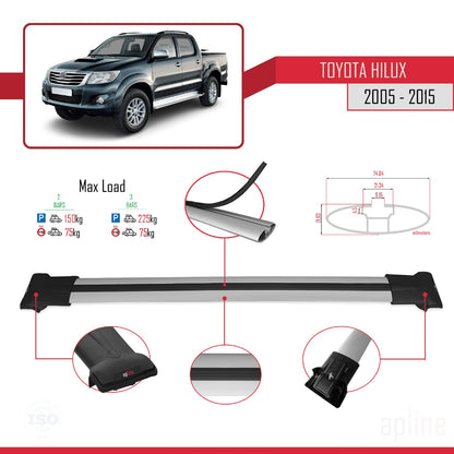 Compatible with Toyota Hilux 7 (AN30) 2005-2015 Fly Model Car Roof Rack Cross Bar Grey Aluminium 2 Bars